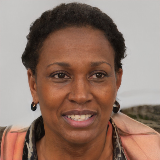 Joyful black adult female with short  brown hair and brown eyes