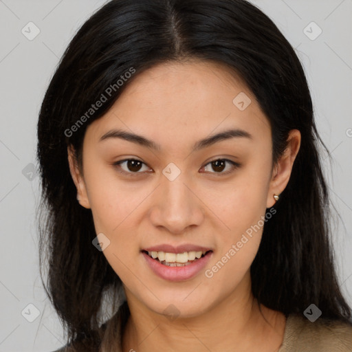 Joyful latino young-adult female with long  brown hair and brown eyes