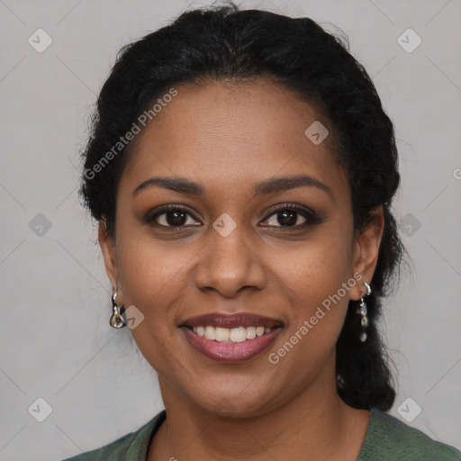 Joyful black young-adult female with medium  black hair and brown eyes