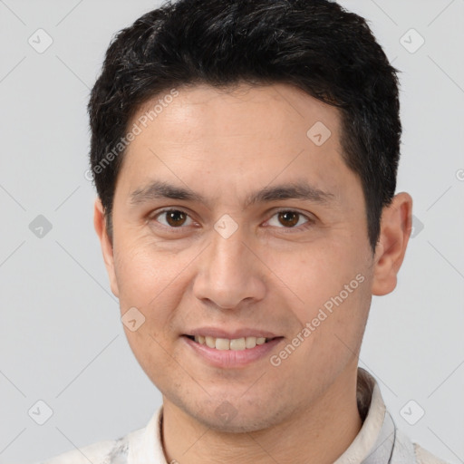 Joyful white young-adult male with short  brown hair and brown eyes