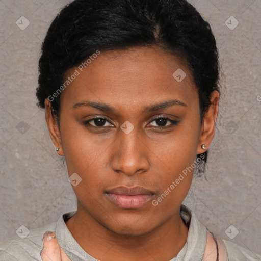 Neutral black young-adult female with short  black hair and brown eyes