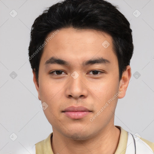 Neutral asian young-adult male with short  black hair and brown eyes