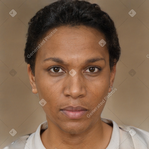 Neutral black adult female with short  black hair and brown eyes