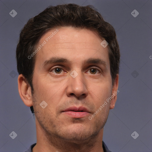 Neutral white adult male with short  brown hair and brown eyes