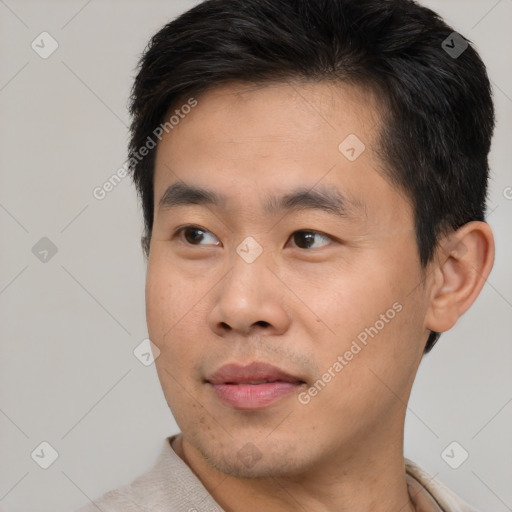 Neutral asian young-adult male with short  brown hair and brown eyes