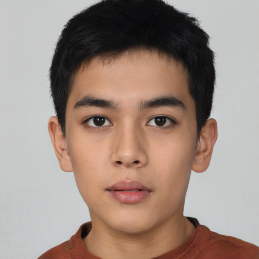 Neutral asian young-adult male with short  black hair and brown eyes