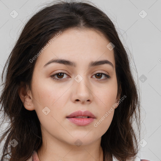 Neutral white young-adult female with long  brown hair and brown eyes