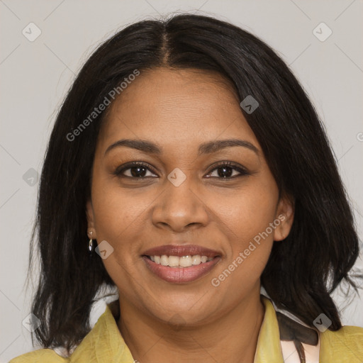 Joyful black young-adult female with medium  brown hair and brown eyes