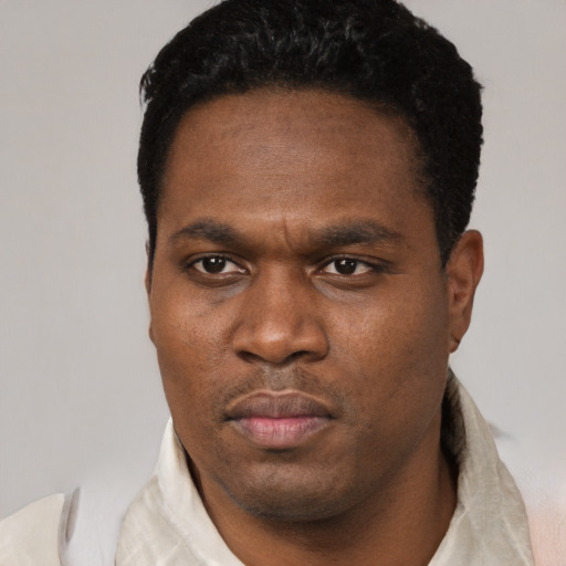 Neutral black young-adult male with short  black hair and brown eyes