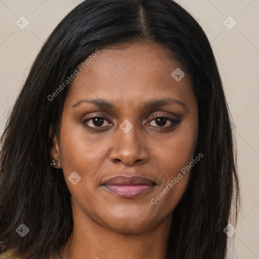 Joyful asian young-adult female with long  brown hair and brown eyes