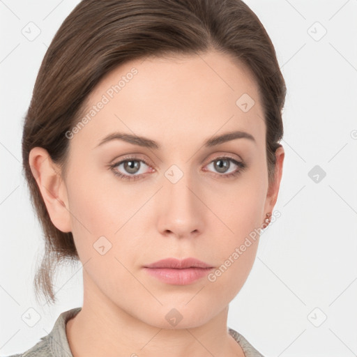 Neutral white young-adult female with medium  brown hair and grey eyes