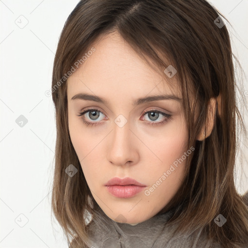 Neutral white young-adult female with long  brown hair and brown eyes