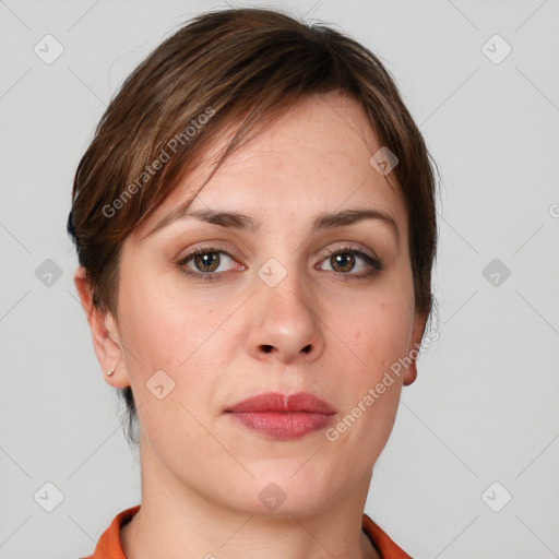 Neutral white young-adult female with short  brown hair and brown eyes