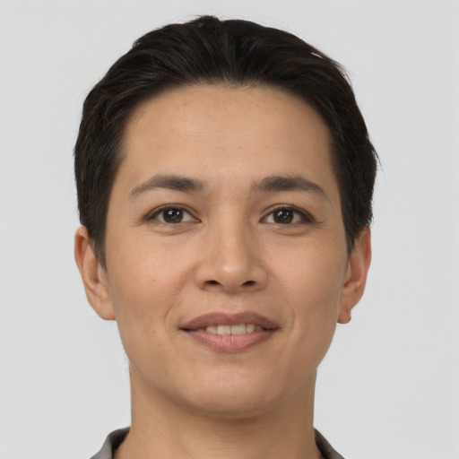 Joyful asian young-adult female with short  brown hair and brown eyes