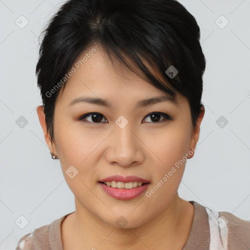 Joyful asian young-adult female with short  brown hair and brown eyes