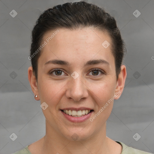 Joyful white young-adult female with short  brown hair and brown eyes