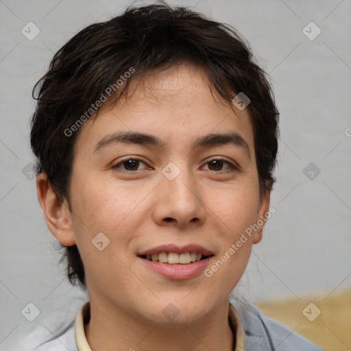 Joyful white young-adult male with medium  brown hair and brown eyes