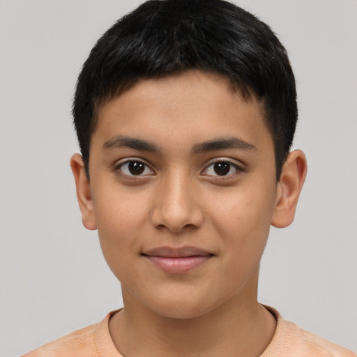Joyful latino young-adult male with short  brown hair and brown eyes