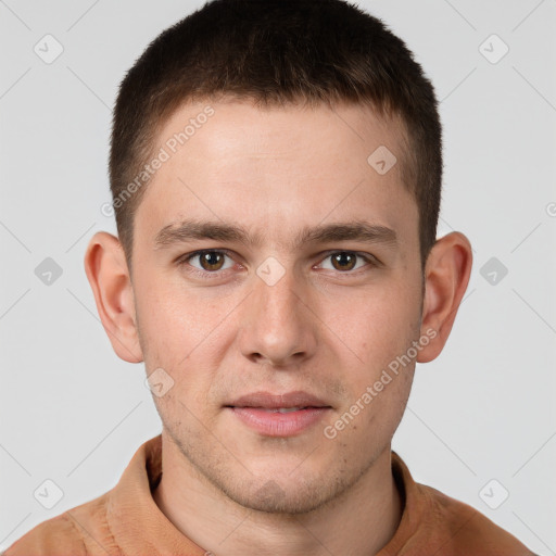 Neutral white young-adult male with short  brown hair and brown eyes