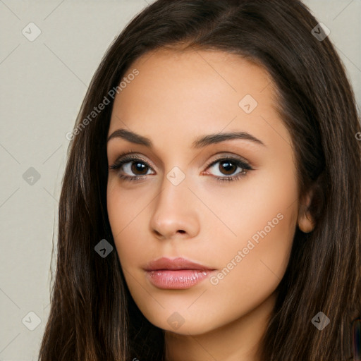 Neutral white young-adult female with long  brown hair and brown eyes