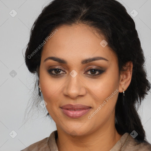 Joyful latino young-adult female with long  brown hair and brown eyes