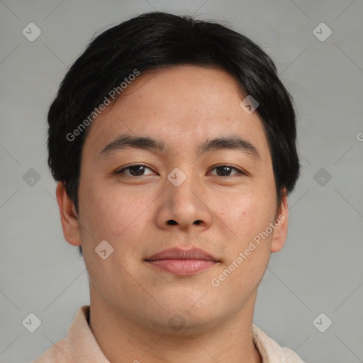 Neutral asian young-adult male with short  brown hair and brown eyes