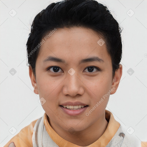 Joyful asian young-adult female with short  black hair and brown eyes