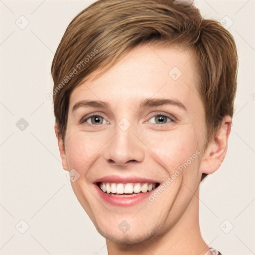 Joyful white young-adult female with short  brown hair and grey eyes