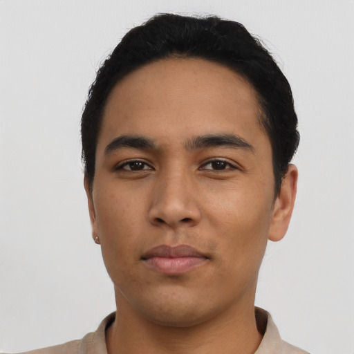 Neutral asian young-adult male with short  black hair and brown eyes