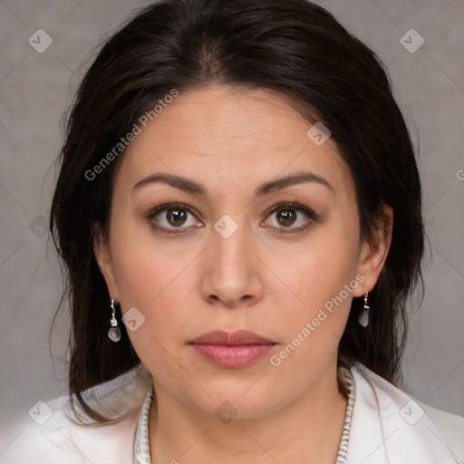 Neutral white young-adult female with medium  brown hair and brown eyes