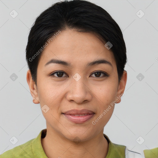 Joyful asian young-adult female with short  brown hair and brown eyes