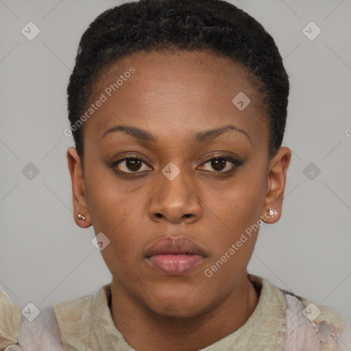 Neutral black young-adult female with short  brown hair and brown eyes