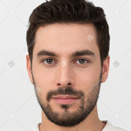 Neutral white young-adult male with short  brown hair and brown eyes