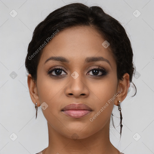 Joyful latino young-adult female with long  brown hair and brown eyes