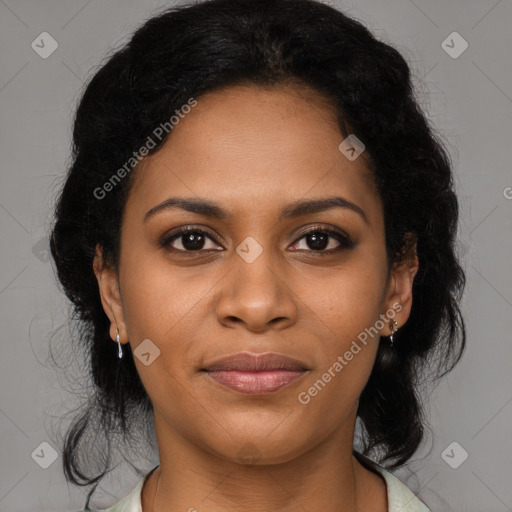 Joyful black young-adult female with medium  brown hair and brown eyes