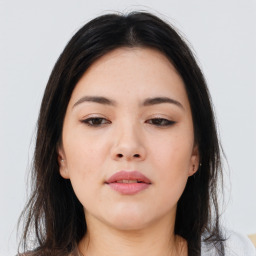 Neutral asian young-adult female with long  brown hair and brown eyes