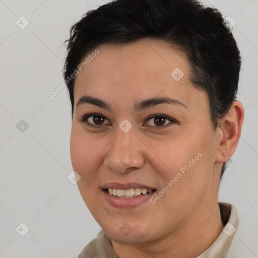 Joyful white young-adult female with short  brown hair and brown eyes