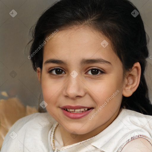 Joyful white child female with medium  brown hair and brown eyes