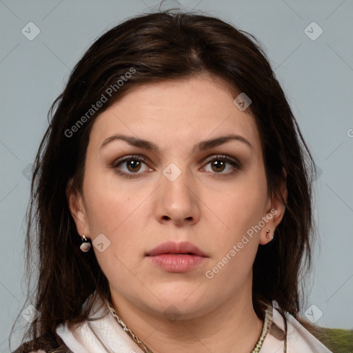 Neutral white young-adult female with medium  brown hair and brown eyes