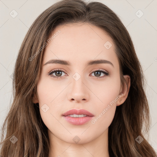 Neutral white young-adult female with long  brown hair and brown eyes