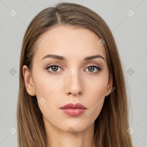 Neutral white young-adult female with long  brown hair and brown eyes