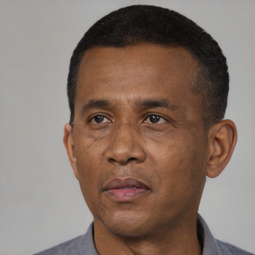 Neutral black adult male with short  black hair and brown eyes