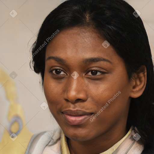 Joyful black young-adult female with medium  brown hair and brown eyes