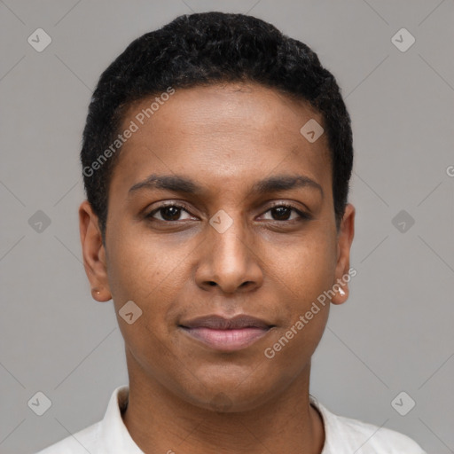 Neutral black young-adult male with short  brown hair and brown eyes