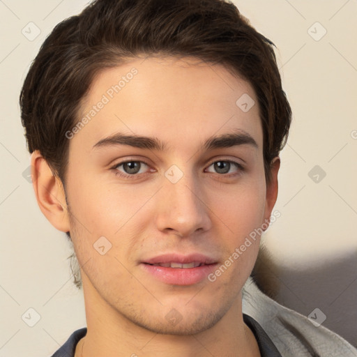 Neutral white young-adult male with short  brown hair and brown eyes