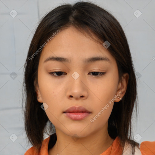 Neutral asian young-adult female with medium  brown hair and brown eyes