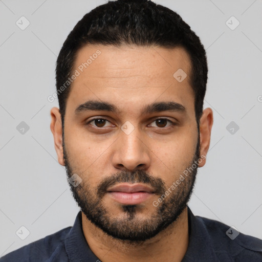 Neutral latino young-adult male with short  black hair and brown eyes