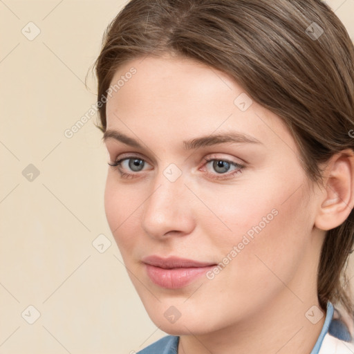 Neutral white young-adult female with medium  brown hair and grey eyes