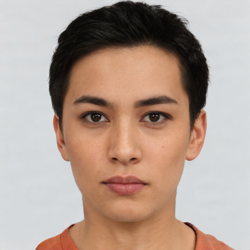 Neutral asian young-adult female with short  black hair and brown eyes