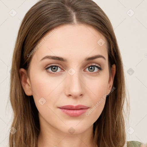 Joyful white young-adult female with long  brown hair and green eyes